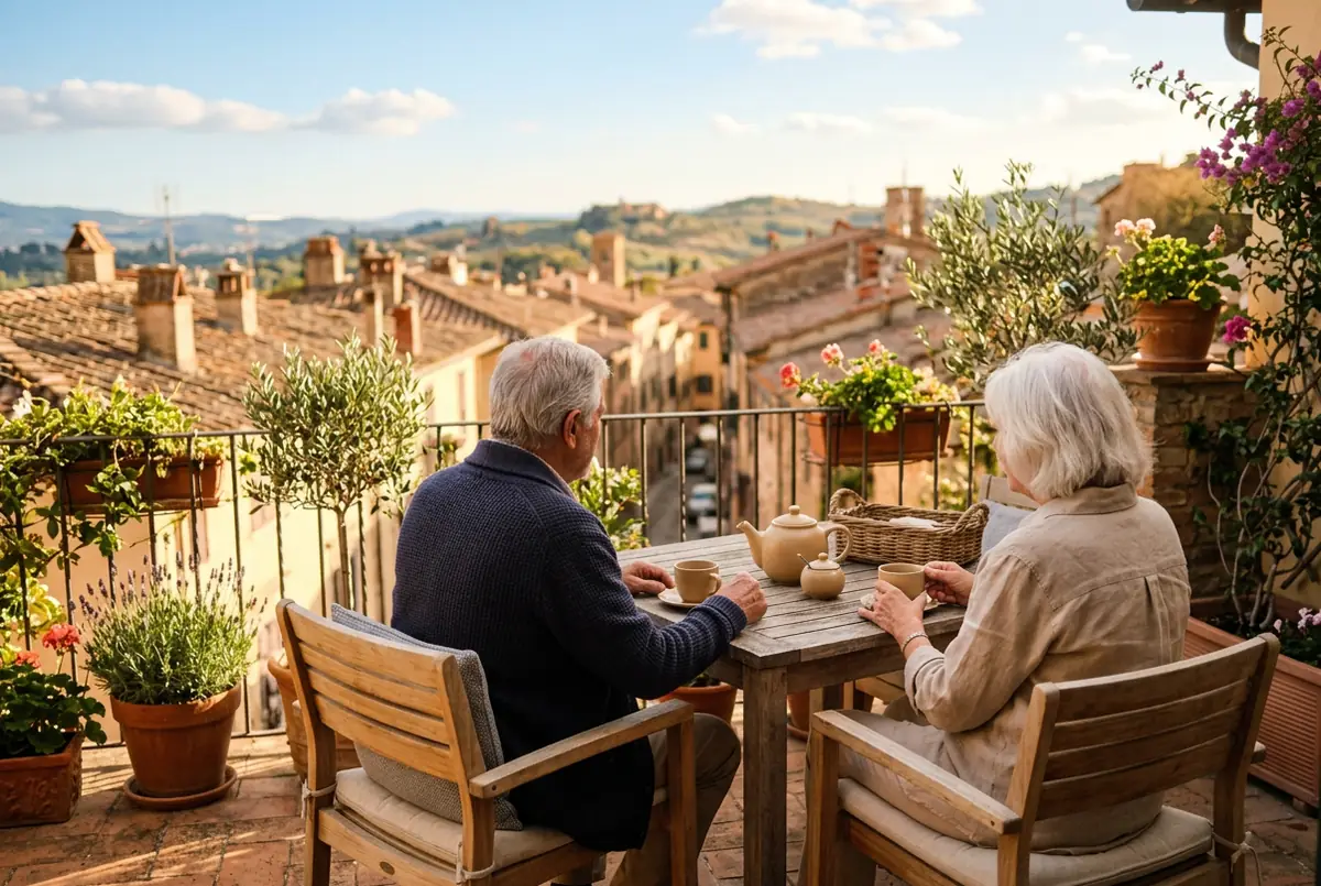 Un couple profite de sa retraite sur la terrasse